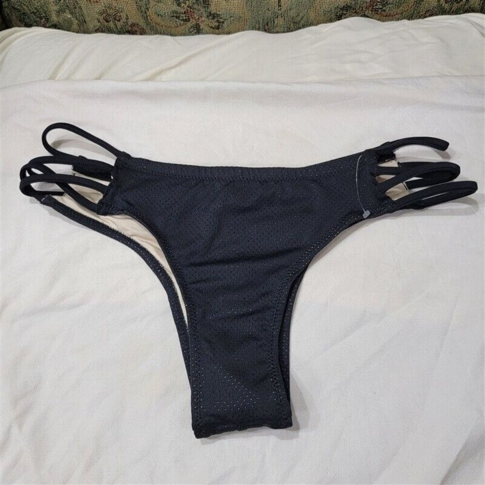 NWOT Volcom L Black Mesh Dot Strappy Cheeky Bikini Swim Bottoms 117466